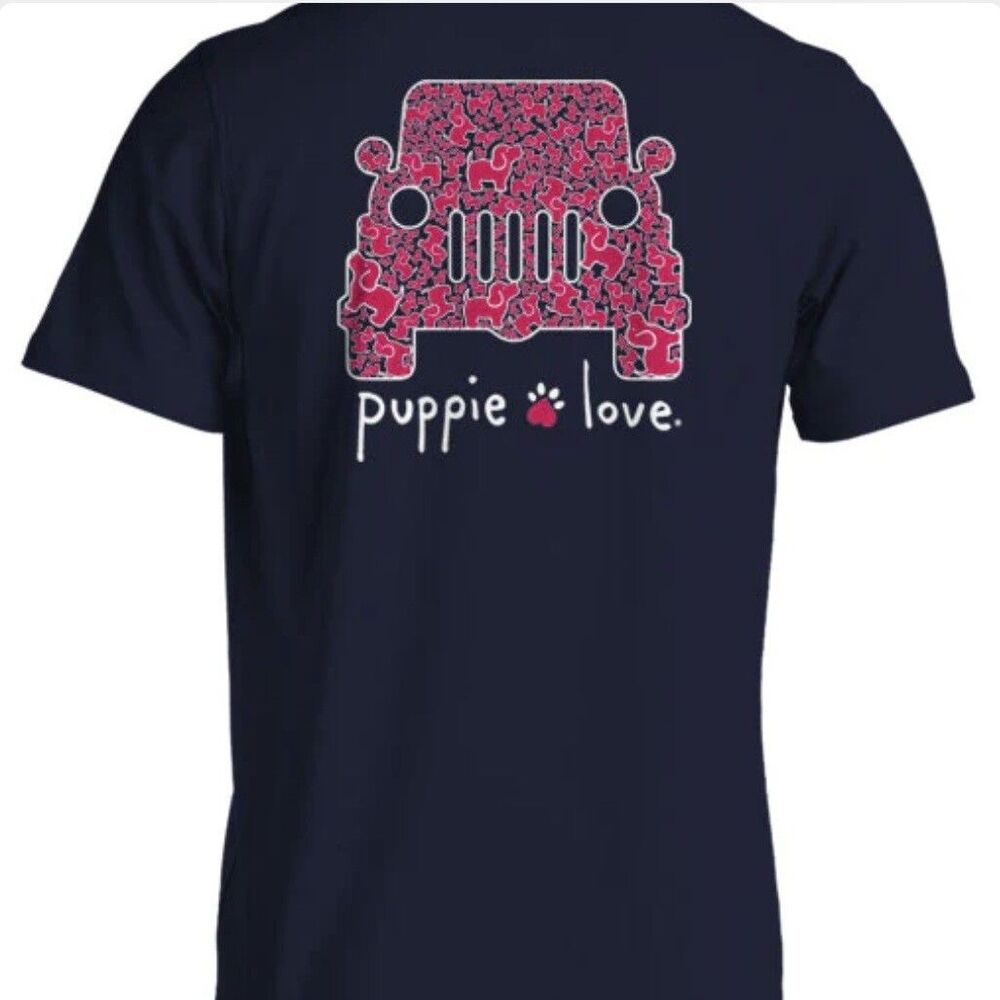 Puppie Love Rescue Short Sleeve Graphic Shirt Navy Pink Jeep Truck 4X4 Size Med